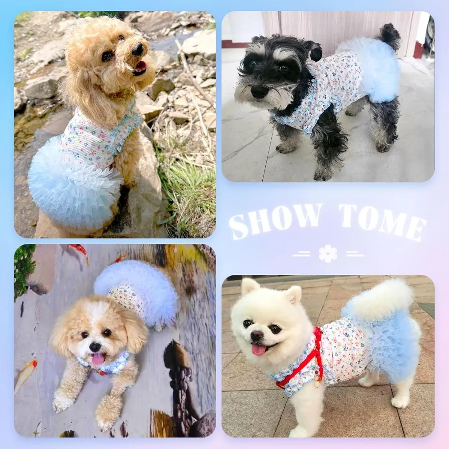 فستان على شكل كلب قطة مزين بالزهور مع توتو irt ملابس أليفة قابلة للتنفس قابلة للتمدد للكلاب الصغيرة والبنات والقطط والجراء وحفلات أعياد الميلاد BlueSm