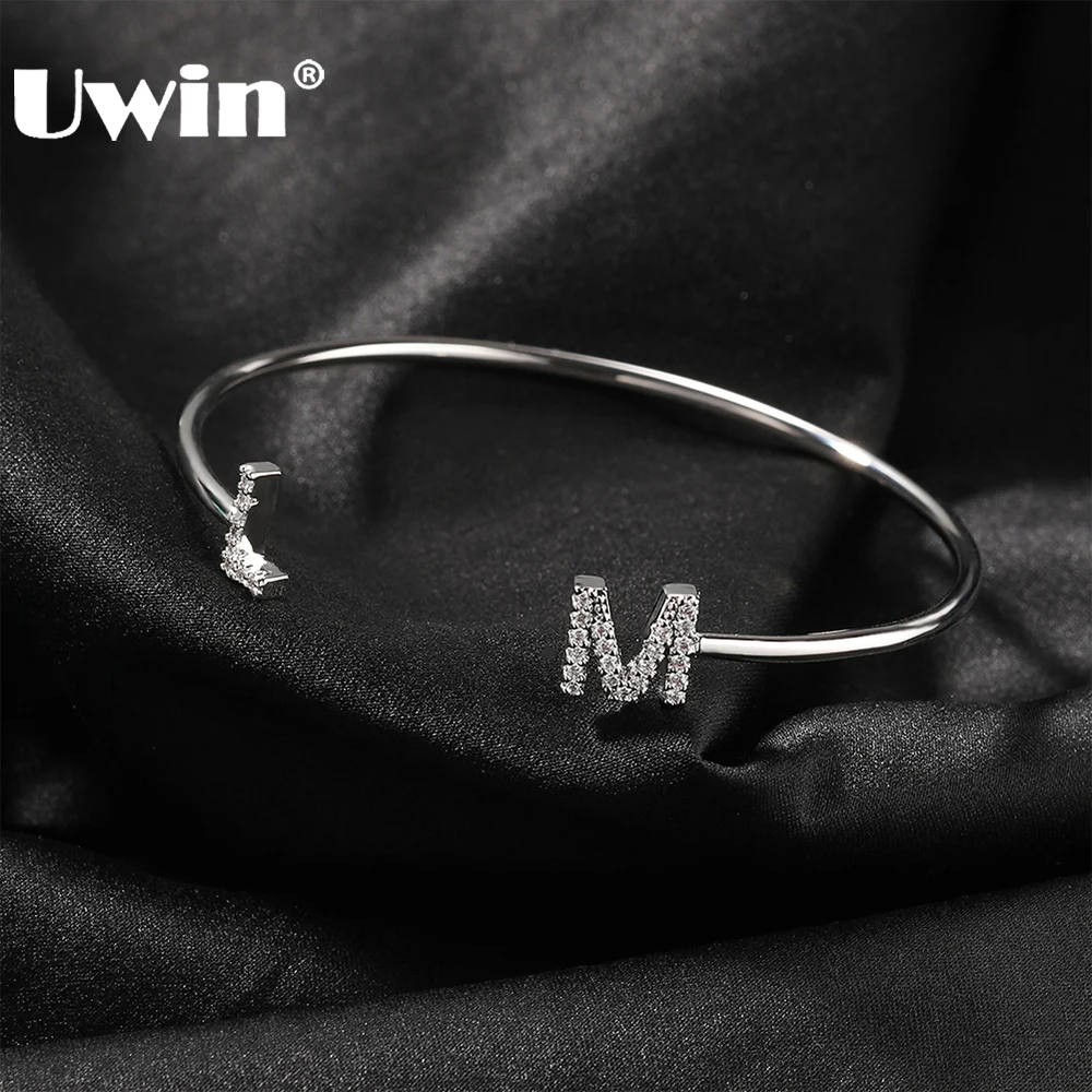 

UWIN Customized Letters Cuff Bangle for Women Iced Out CZ Initials Bracelets Fashion Jewelry for Valentines' Day