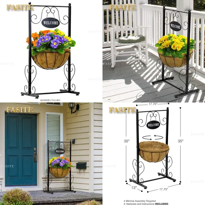 For Tiebohui Floor to Ceiling Wrought Iron Hanging Basket Coconut Palm Flower Stand Outdoor Courtyard Balcony Plant Rack