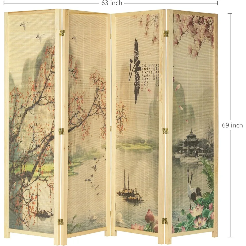 مقسم غرفة من الخيزران قابل للطي مكون من 4 ألواح مستوحاة من زهر الكرز الآسيوي، قسم فني من الزهور قائم بذاته بطول 6 أقدام