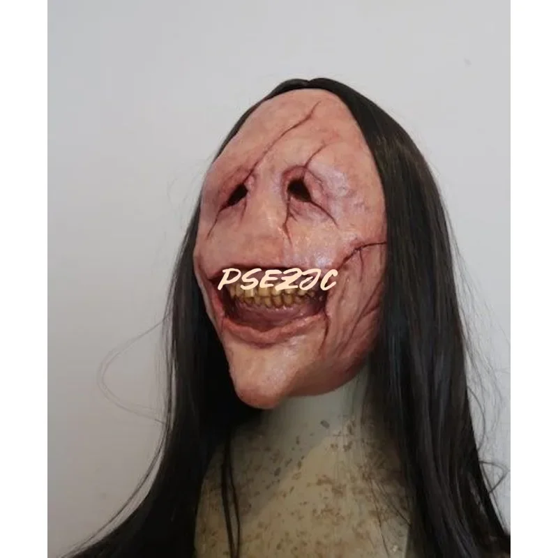 Halloween Horror Long Hair Demon Mask Red Faced Demon Mask Exposed Teeth Demon Latex Long Hair Mask