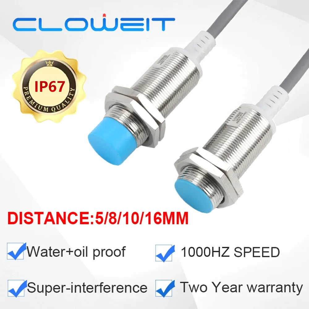 Cloweit LM18 Inductive Proximity Sensor Metal Detection Approach Switch IP67 1000Hz 16mm/10mm/8mm/5mm Distance NPN DC12/24V PLC