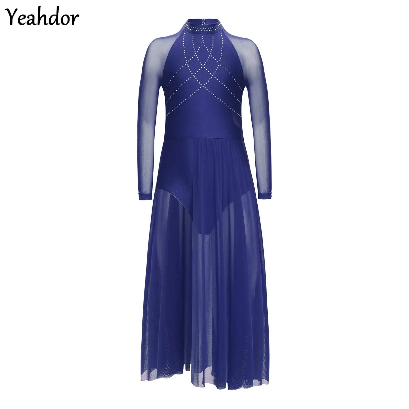 

Girls Contemporary Lyrical Dance Dress Rhinestones Sheer Mesh Split Leotard Long Sleeve Ballet Gymnastics Figure Skating Costume