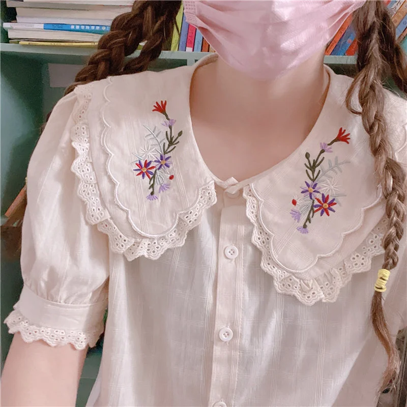 Summer Kawaii Lolita Blouses Women Cute Lace Ruffles Floral Embroidery Chic Shirts Sweet Girl Japanese Short Sleeve Blusas Mujer