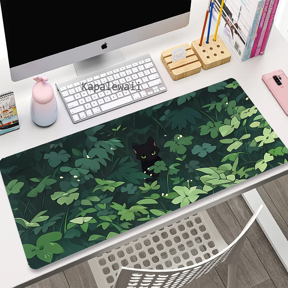 Tapis de souris Gaming Green Plant grand tapis de souris chat noir accessoires vitesse Gamer tapis de clavier tapis de bureau en caoutchouc antidérapant 90x40cm