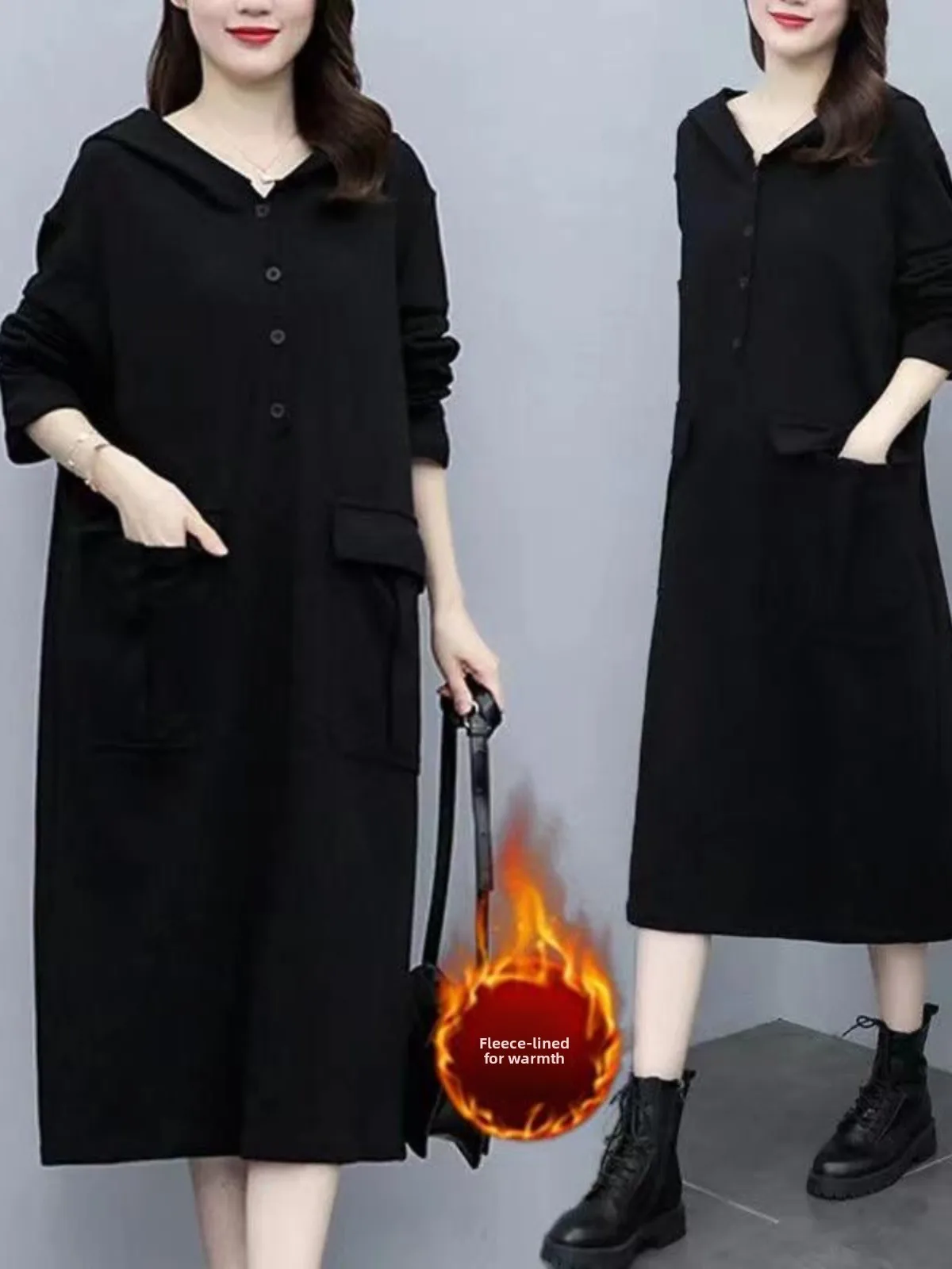 

plus Size Loose Long Sve Hooded Dr with Big kets Autumn Winter Thiened Polyester Fiber A-Line Skirt for Plump Women