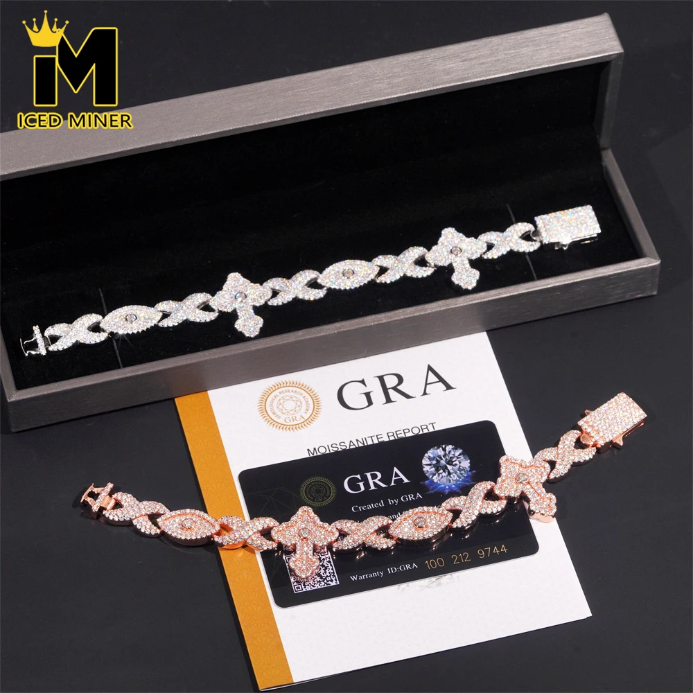 

Icedminer VVS Moissanite Cross Eye Link Chain Iced Out Bracelets For Men Women S925 Silver Choker Pass Tester Hip Hop Jewelry