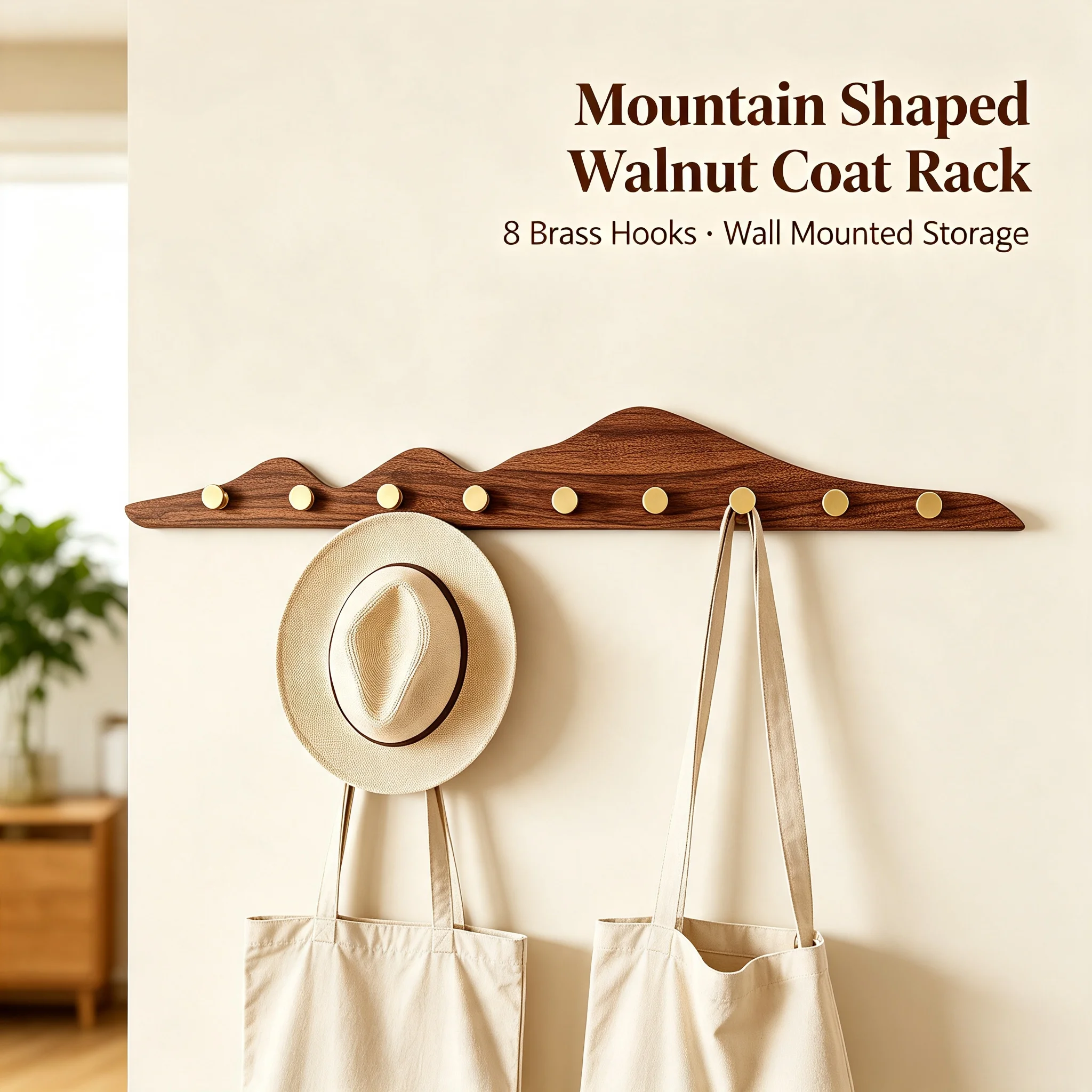 Creative Wall Mounted Coat Rack 8 Hooks, Mountain-Shaped Walnut & Brass Key Hat Holder for Entryway Bedroom, 44 lbs Capacity with Hole Installation, Brown