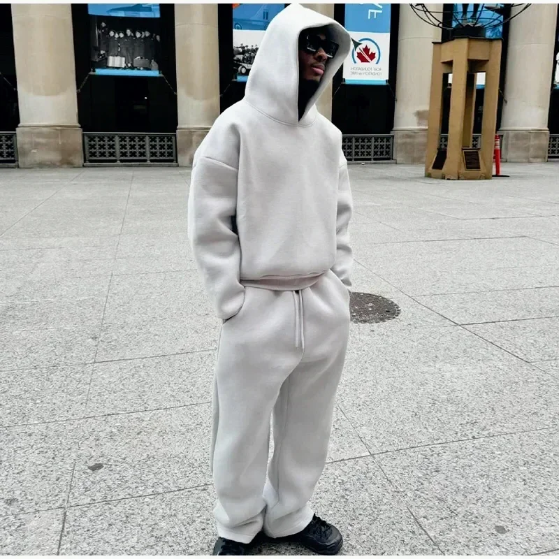 2024 Autumn and Winter Thickened Fleece Men's Two-piece Sweatshirt Street Sleeping Hip Hop Gothic Solid Color Y2k Hoodie Set