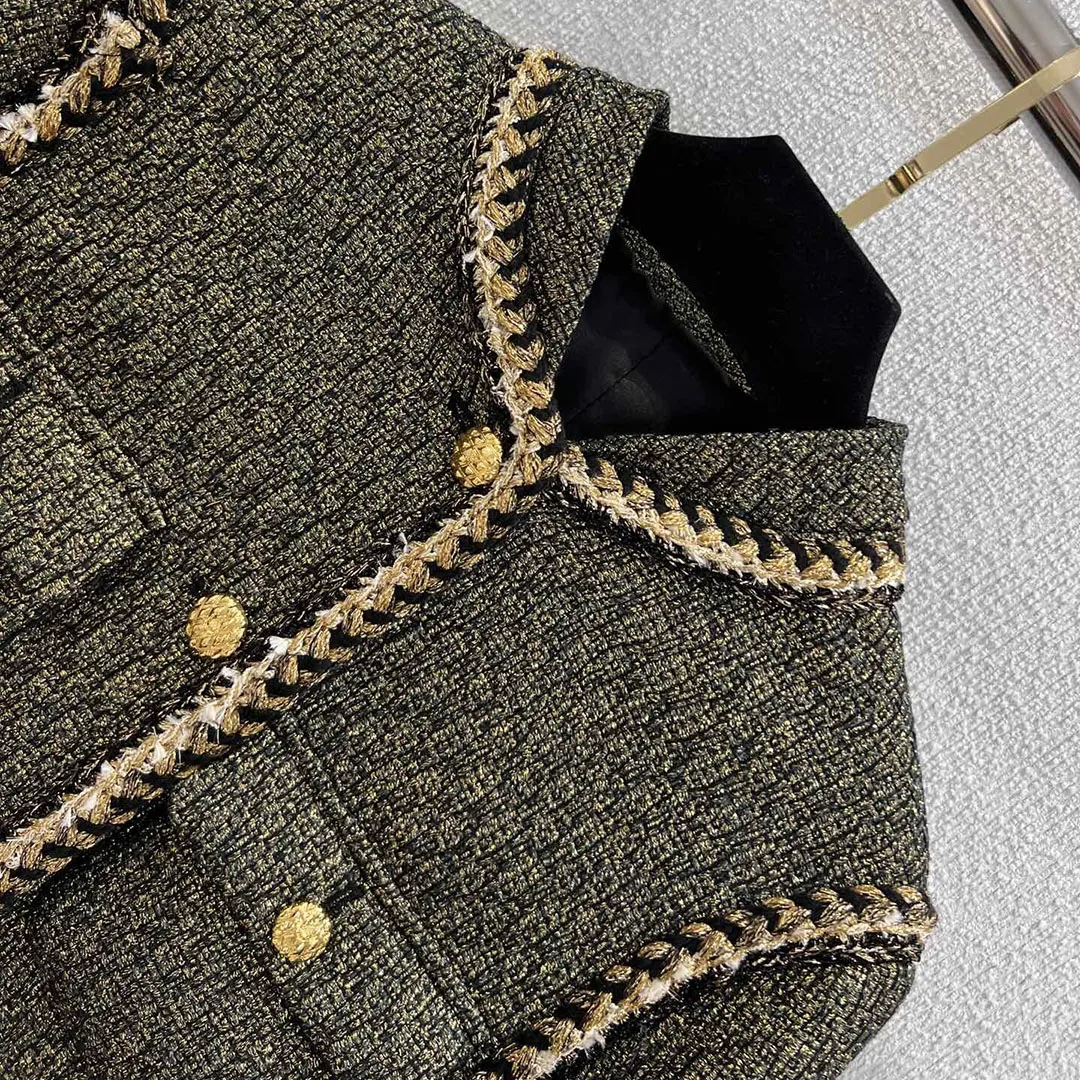 

New Spring Fashion Vintage Gold Thread Woven Tweed Short Jacket Women Stand Collar Long Sleeve Pocket Button Silk Liner Coat
