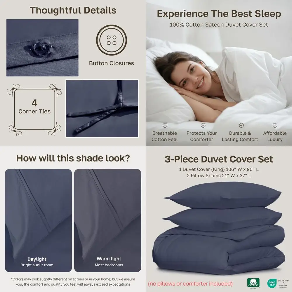 

Комплект пододеяльников из хлопка (400 нитей) - победитель премии Housekeeping Awards 2025, цвет индиго-пыльно-синий, с застежкой на пуговицах и завязками