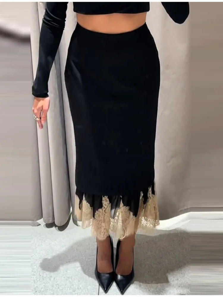 Sexy Patchwork Lace Midi Skirt Women Black High Waist Zipper Slim Hip Package Party Evening Bottoms Female 2026 Autumn