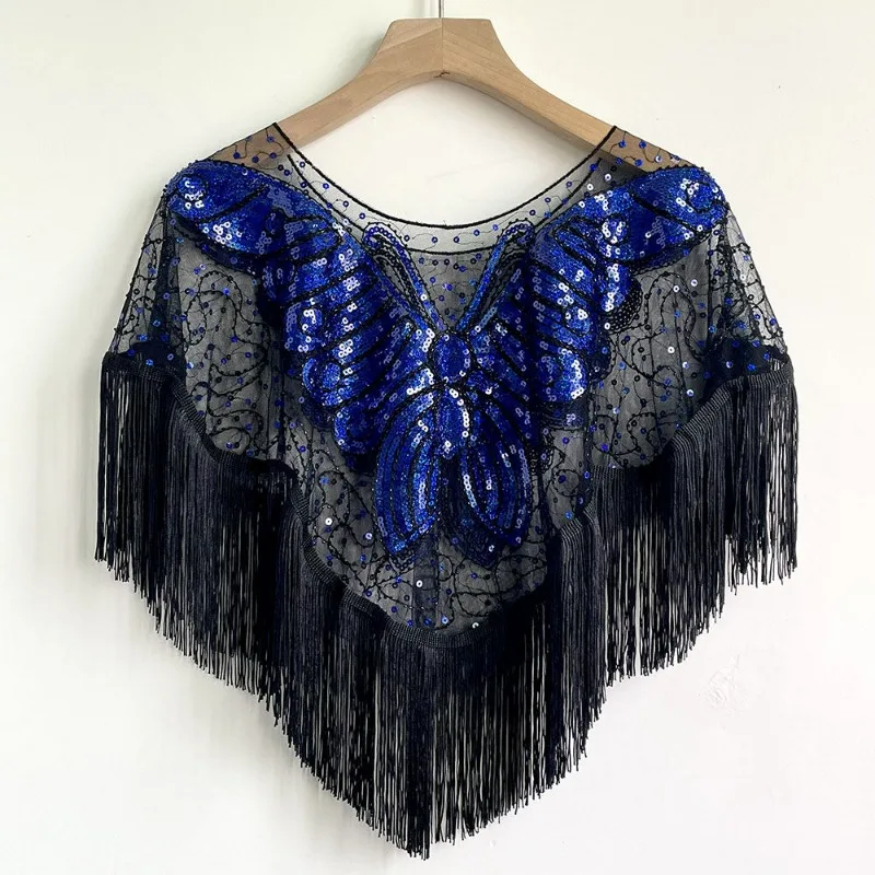 2024 New Cape Women's Fringed Sequined Mesh Cropped Round Neck Shawl Casual Versatile Tassel Shorts Small Outer Wear Wrap