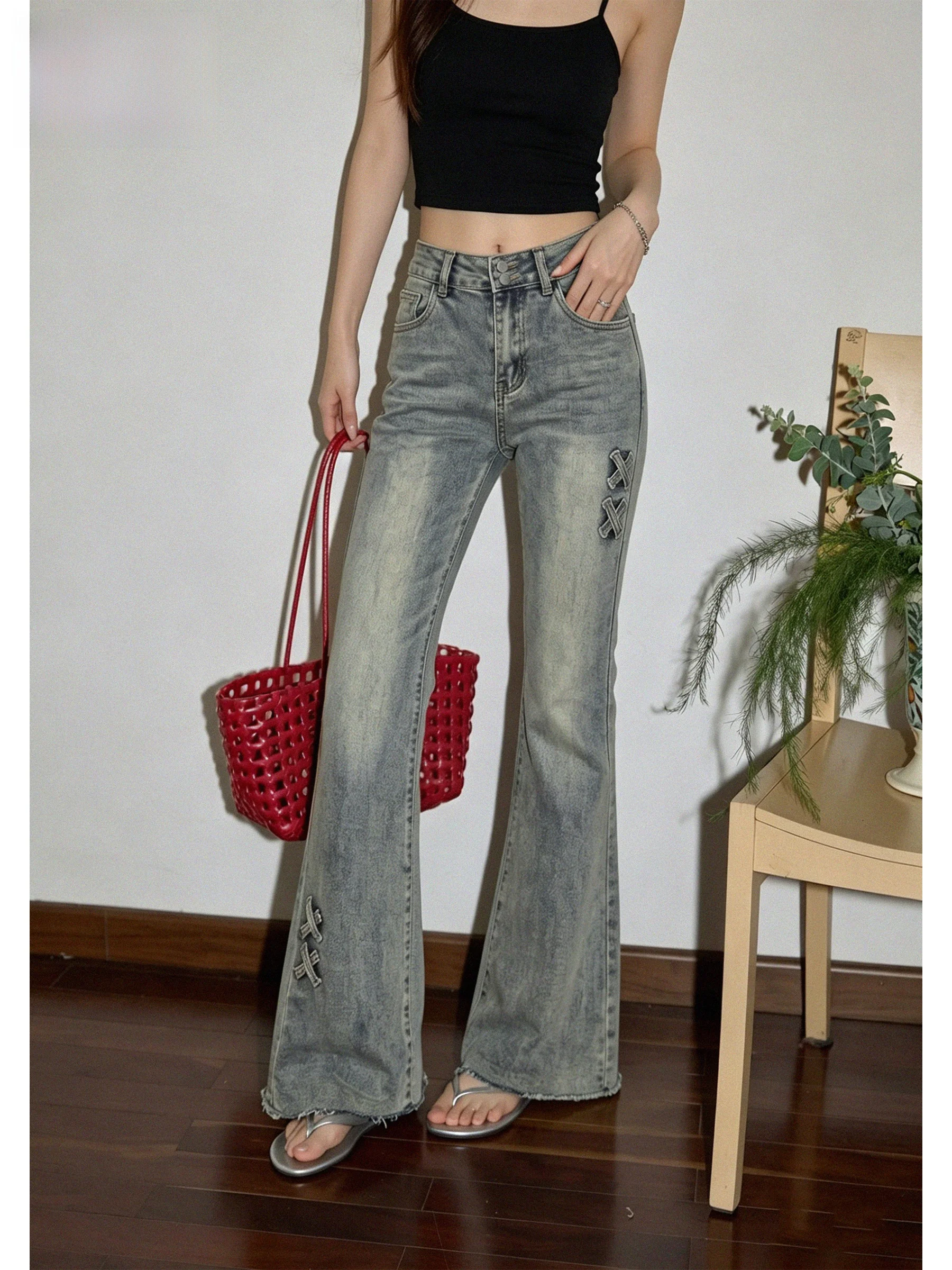 

Retro High Waist Bell Bottom Denim Jeans Women's Summer Slim Fit Bootcut Pants with Knot Casual American Style