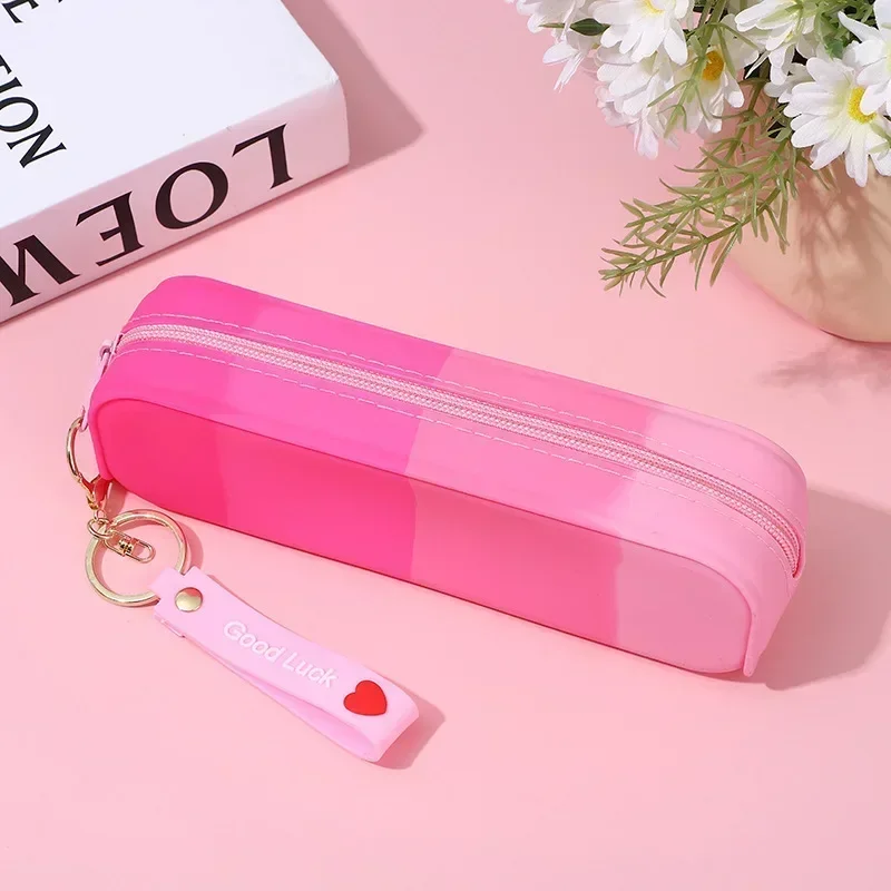 New Cute Color Gradient Silicone Pencil Case Creative Waterproof Simple Kawaii Stationery Pen Storage Box Girl School Supplies