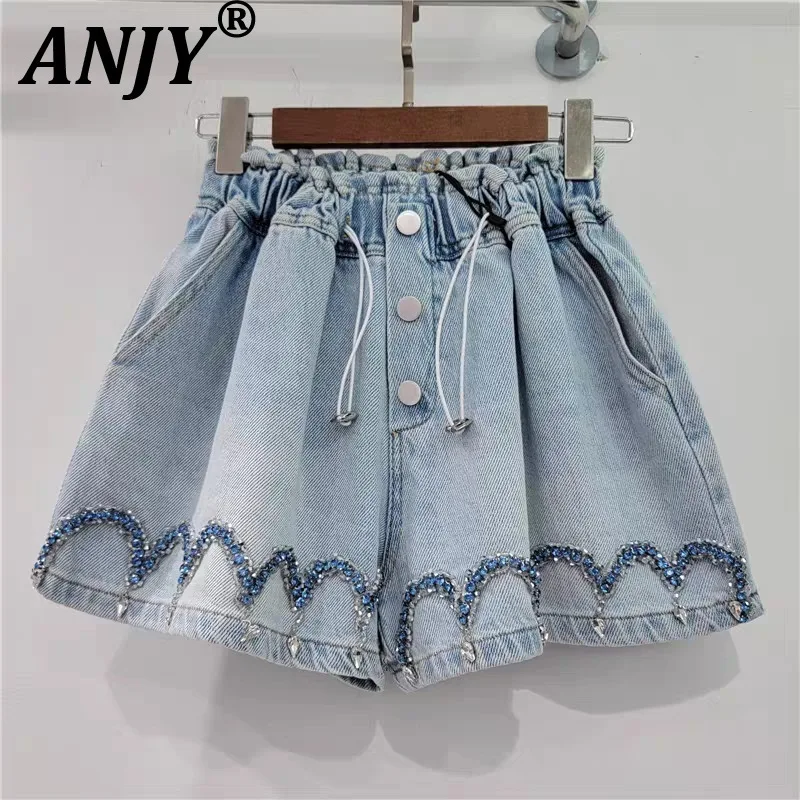

ANJY Summer New Women Chic Denim Shorts Heavy Craft Design Wave Pattern Diamond Vintage High Street Y2K Wide Leg Hot Pants A8884