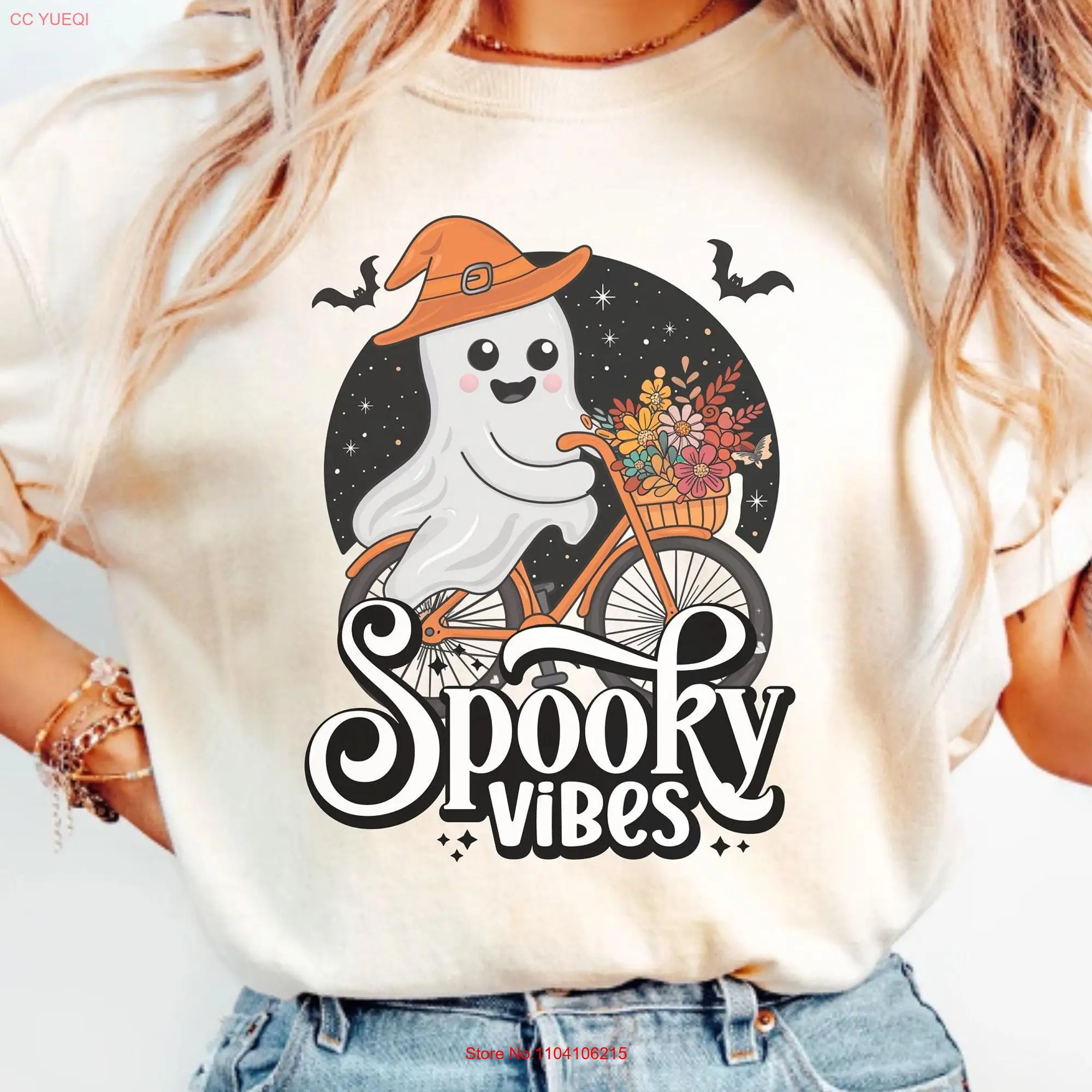 Cute Ghost Spooky Vibes Halloween T Shirt Fall Bicycle Womens Comfort Colors Season long or short sleeves