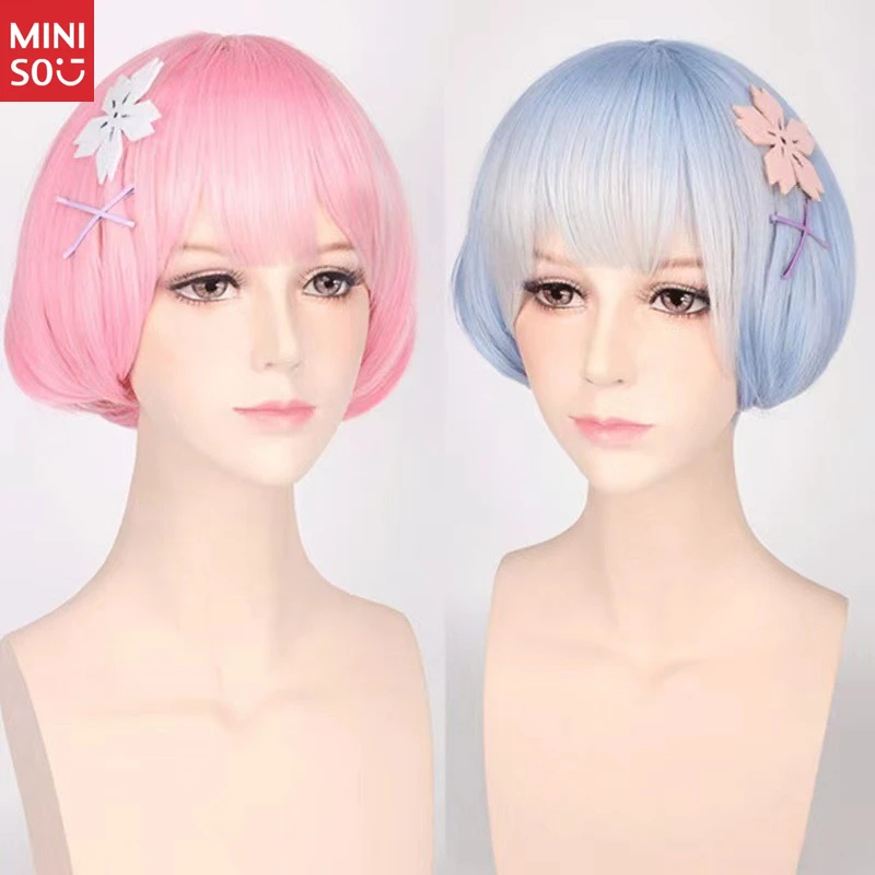 مجموعة شعر مستعار Miniso Re Zero Rem & Ram التنكرية، شعر قصير وردي وأزرق للأخوات المزدوجة من Oni Maid