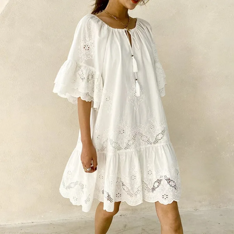 

Summer Short Skirt Temperament Commuter Solid Color Cotton Loose White Lace Commuter Vacation Dress