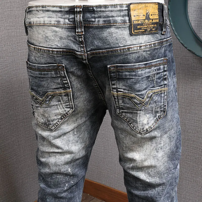 Fashion Trendy Men Jeans Retro Washed Gray Blue Elastic Stretch Slim Ripped Jeans Homme Vintage Patched Designer Denim Pants Men