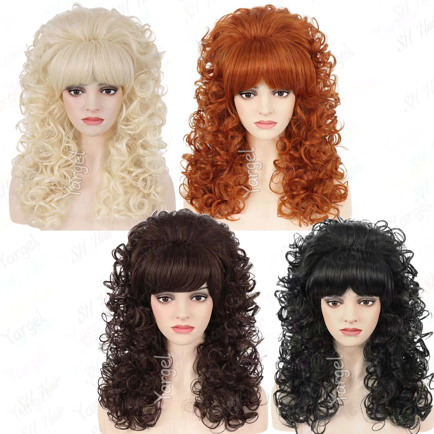 Synthetic Long Blonde Curly Wig with Bangs for Women, Multi Colores Retro Bouffant Beehive Dolly Wig for Halloween Cosplay Party image 3