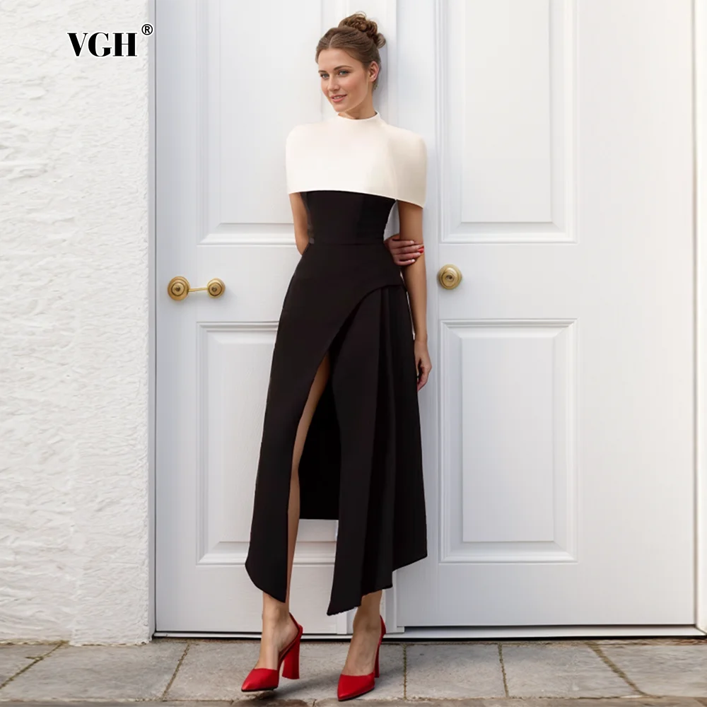 

VGH Colorblack Spliced Shawl Elegant Long Dress Women Square Collar Sleeveless High Waist Pleated Evening Dresses Female Style