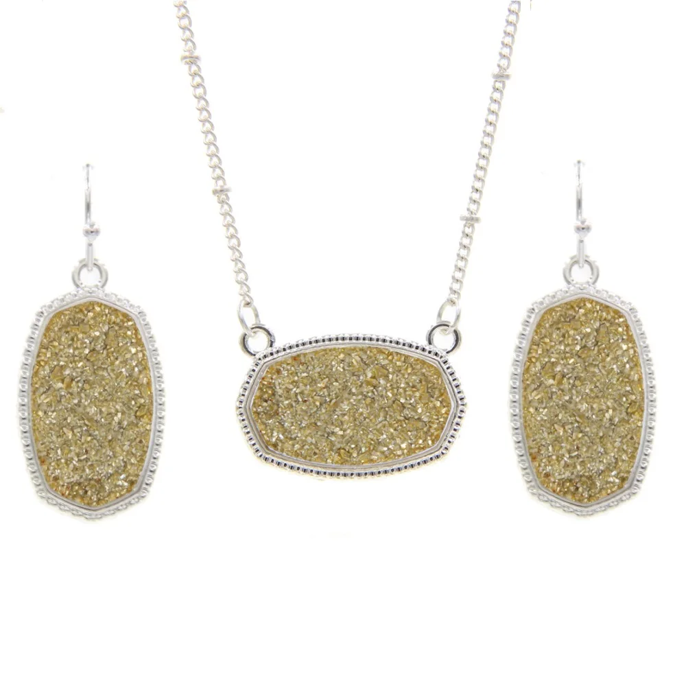 Oval Resin Druzy Drusy Pendant Necklace Hexagon Druse Charms Drop Earrings  Color Fashion Jewelry Set Gift