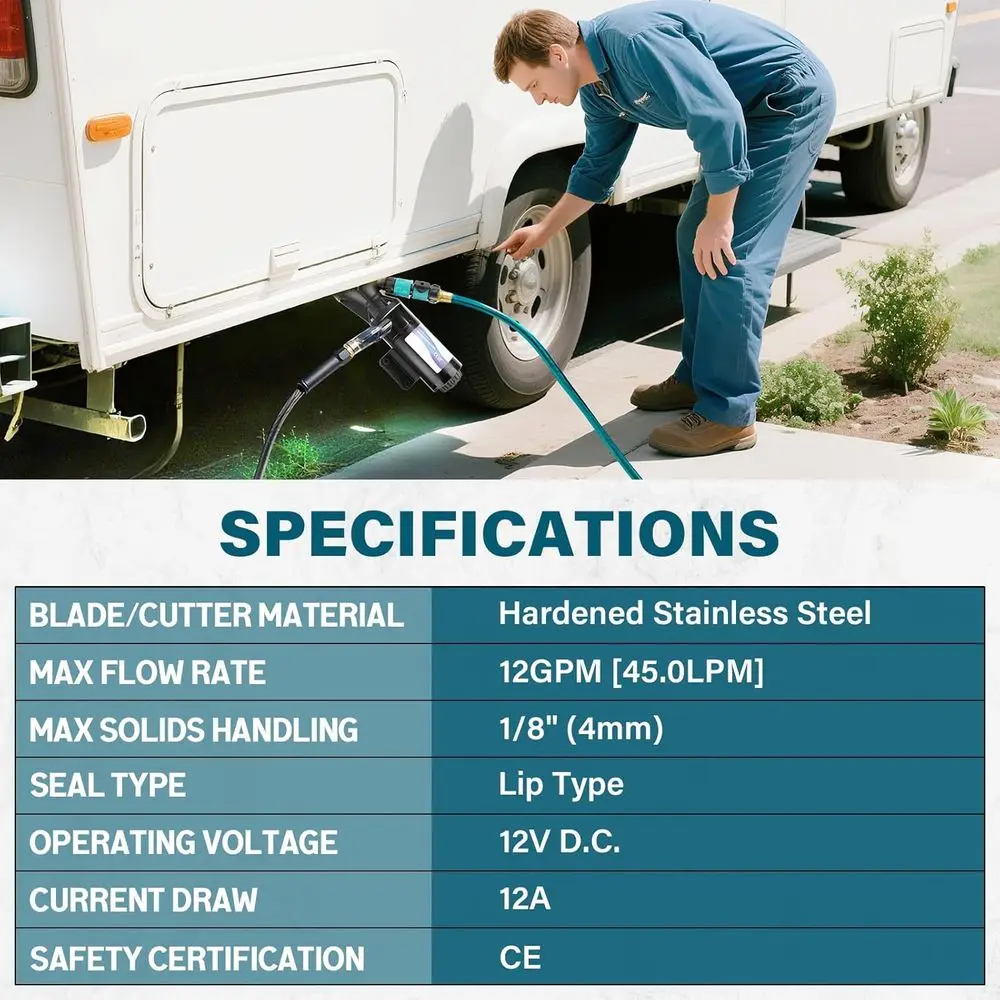 Portable 12V RV Waste Pump Kit - 15 Gal/Min for Class A/B/C RVs, Kitchen & Bath, Easy RV Living
