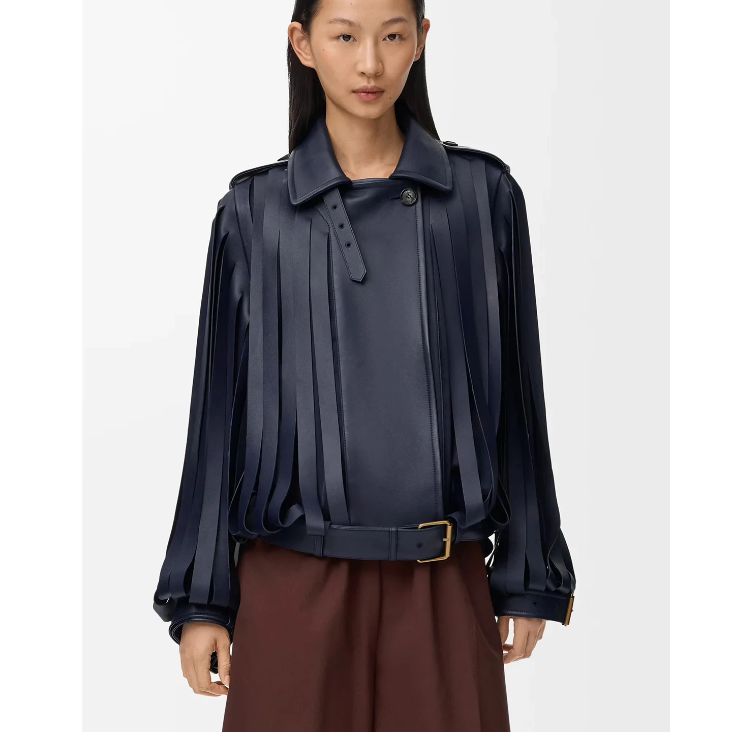 Invierno nueva mujer motocicleta Sle PU cuero ort Jaet con decoración de flecos largo Sve cuello vuelto abrigo con cierre de botón