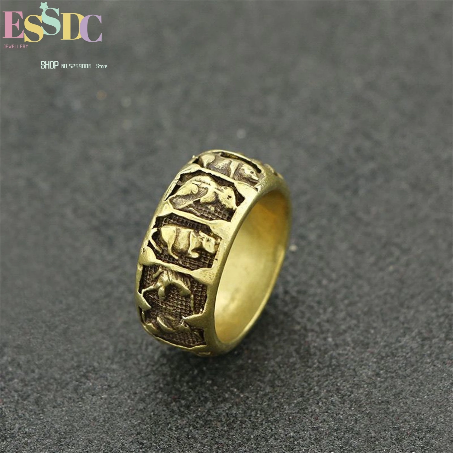 Chinese Zodiac Brass Ring For Men Vintage Round Band Antique Ethnic Animal Signet Pinky Ring Tribal Style Mens Jewelry