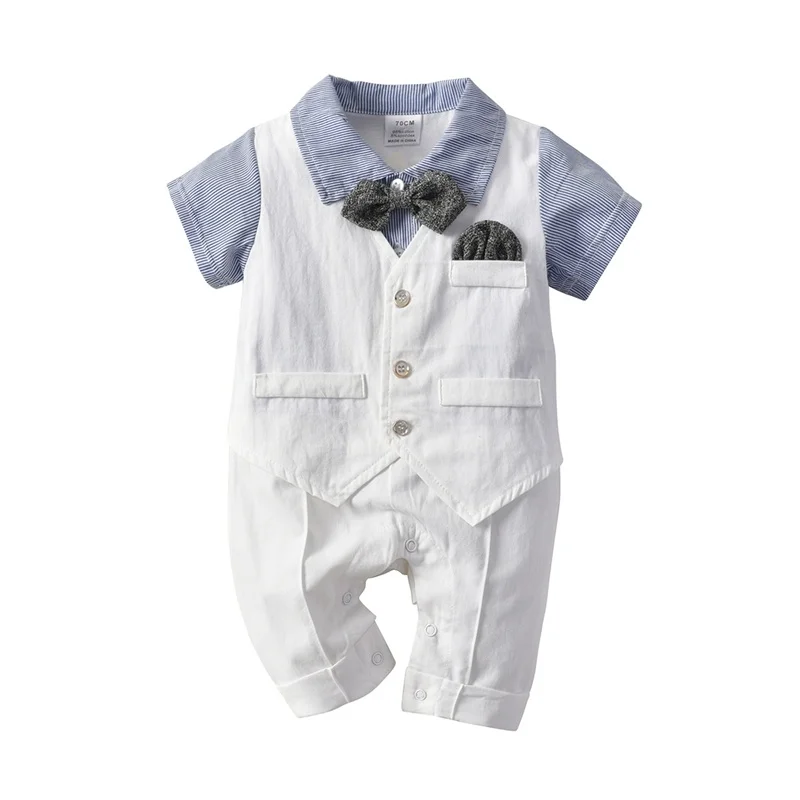 

Fashion Baby Boy Gentleman Clothes Summer Short Sleeve Suit For Toddler Kids Formal Party Bow Tie Bodysuit Infant Boys Clothing