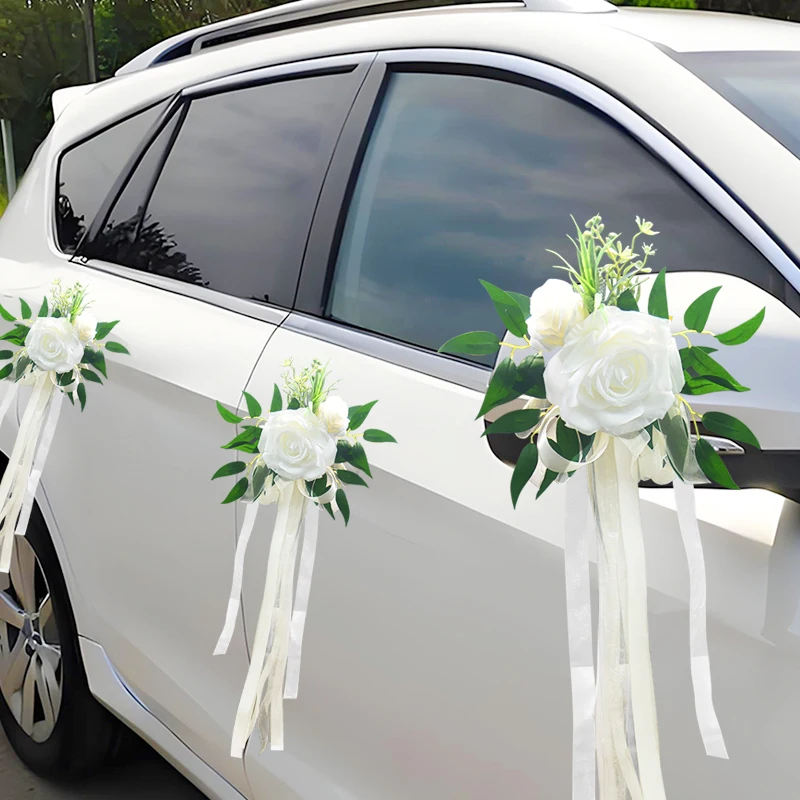 1PC Wedding Car Rearview Mirror Flower Artificial Rose Ribbon Wedding Aisle Backrest Flower Decoration Simulation Flower