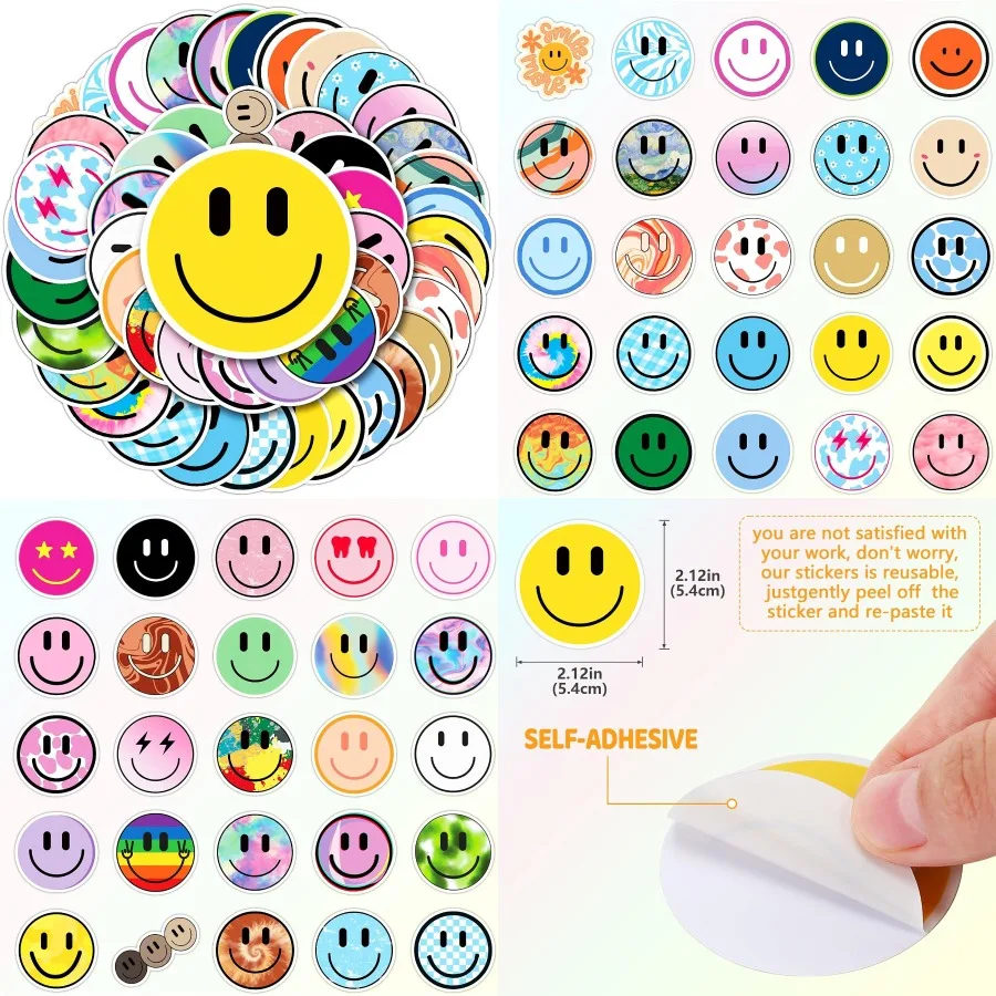 

50PCS Smiling Stickers Cute Water Bottle Stickers for for Teaching Rewards Notebooks Stationery Luggage Cartoon PVC Happy Stick