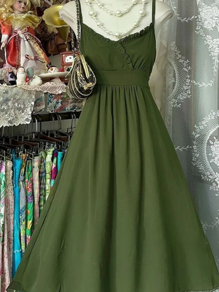 Summer Vintage Slim Green Sling Dress Women 2025 New Elegant Casual Off Shoulder Dresses France Retro Sleeveless Thin Outfits