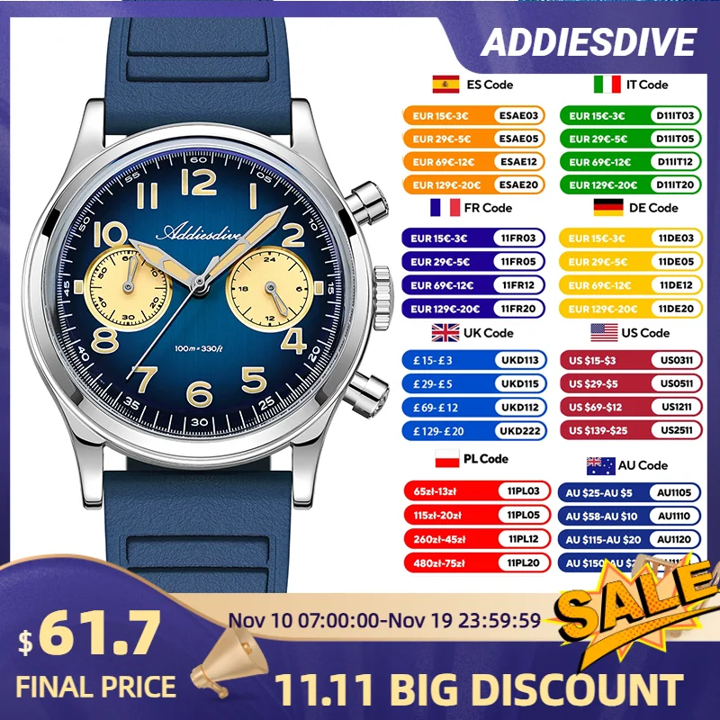 Addiesdive VK64 ساعة كرونوغراف الرجال ريترو ساعة كوارتز فاخرة AD2516 مقاوم للماء 100 متر حزام النايلون العسكري 38 مللي متر مضيئة الهاتفي #1