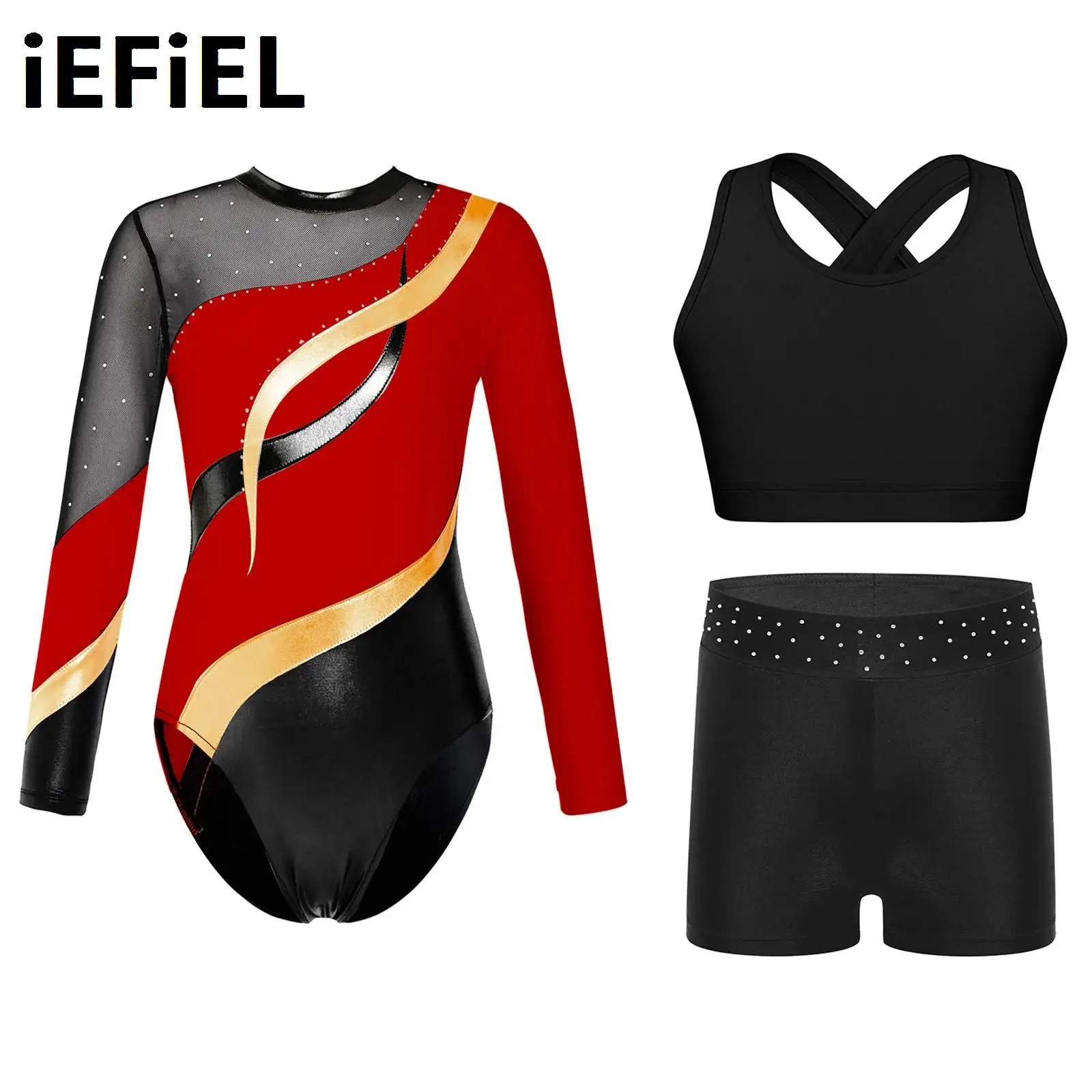 

Kids Girls Gymnastics Ballet Sets Long Sleeve Round Neckline Keyhole Back Leotard with Vest And Rhinestones Waistband Shorts