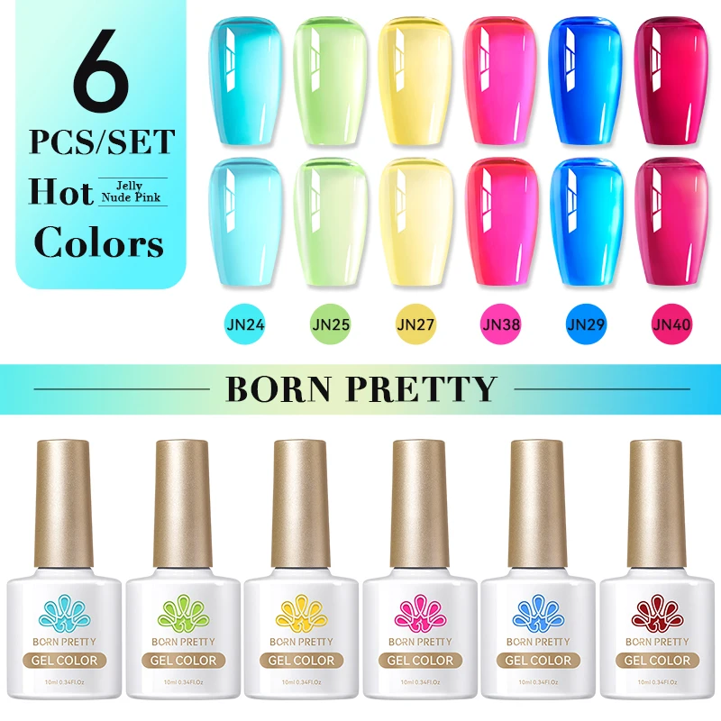 

BORN PRETTY 6 шт. неоновый желтый синий желейный гель-лак для ногтей, набор полуперманентных лаков для ногтей, УФ-светодиодный лак, принадлежности для ногтей, наборы для салона