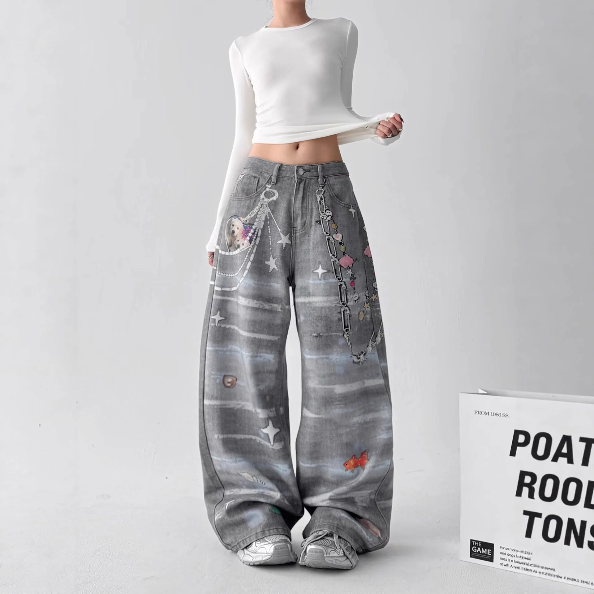 2026 New Y2K High Street Vintage Washed 3D Printed Chain Jeans For Women Loose Straight Casual Wide Leg Pants