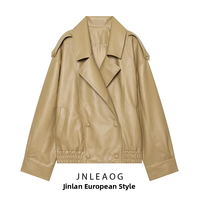 JNLEAOG Autumn New Women's Pure Color Leather Effect Pilot Jacket Coat Collarless Outerwear Standard Fit Long Sleeve Polyester