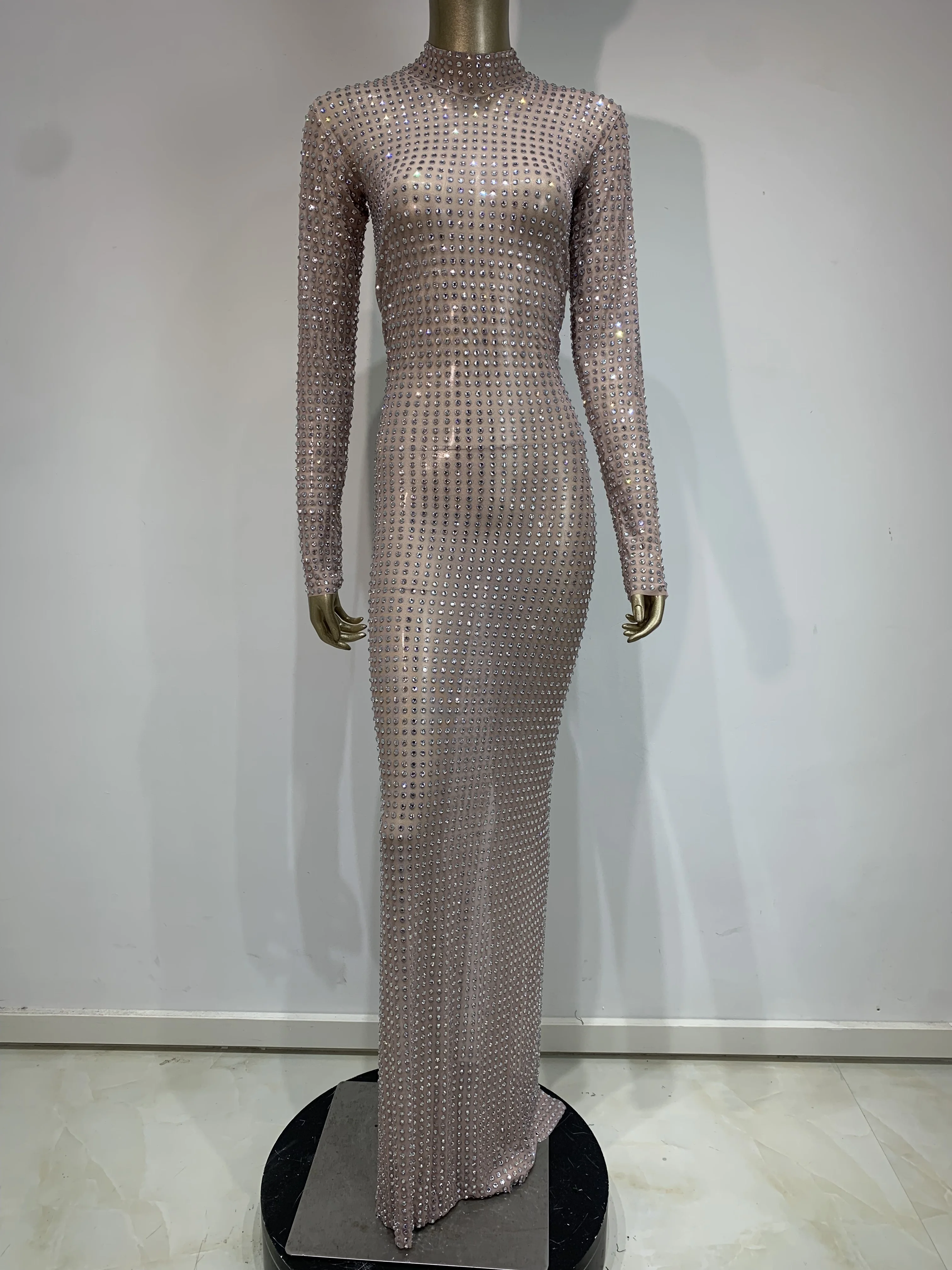 2025 novo vestido de sessão de fotos transparente brilhante strass malha elástica sexy vestido longo elegante festa de formatura celebridade traje de palco