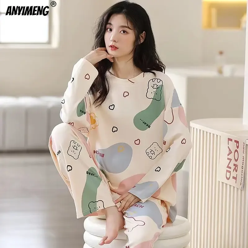 M-5XL Big Size Autumn Spring Pajamas Set for Women Kawaii Printing Sleepwear for Girl Fashion Long Sleeve O-neck Woman\'s Pijamas