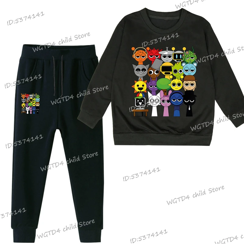 Spring Boys Girls Anime Sprunki Suit Funny Game Figure Print Sweatshirt Long Sleeve Pullovers+Fashion Sprunki Trousers 2pc Sets