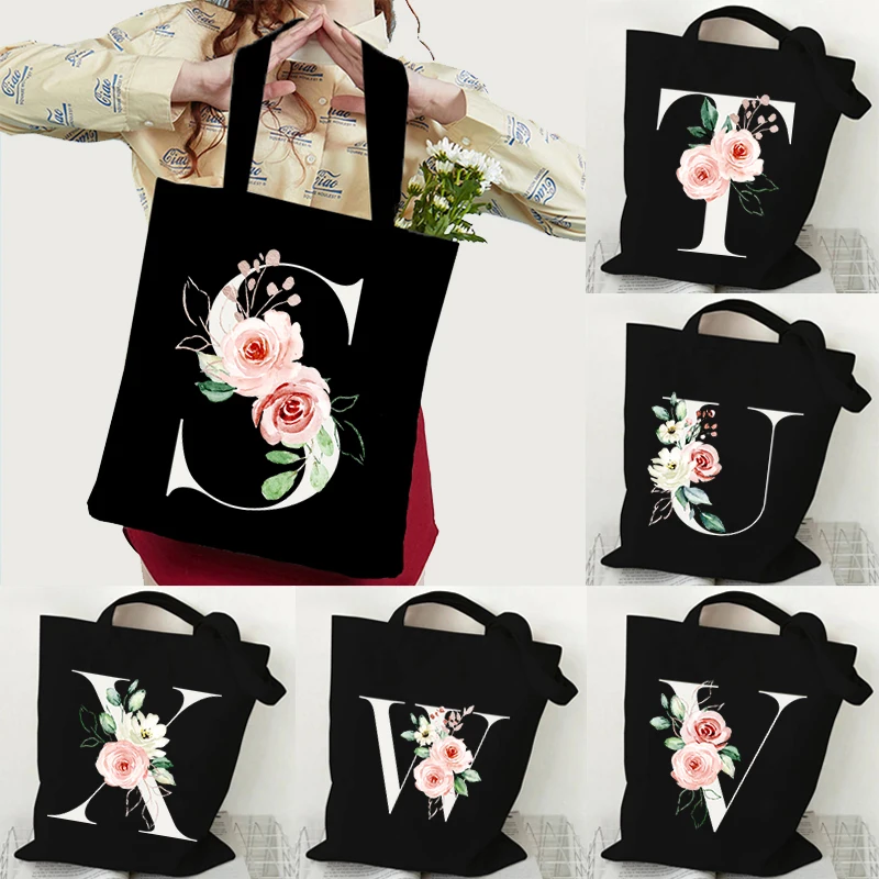 Letter S Floral Monogram Graphic Canvas Shopping Bag Women 26 Alphabet Flower Designer Bags for Women Mobile Phone Travel Bags