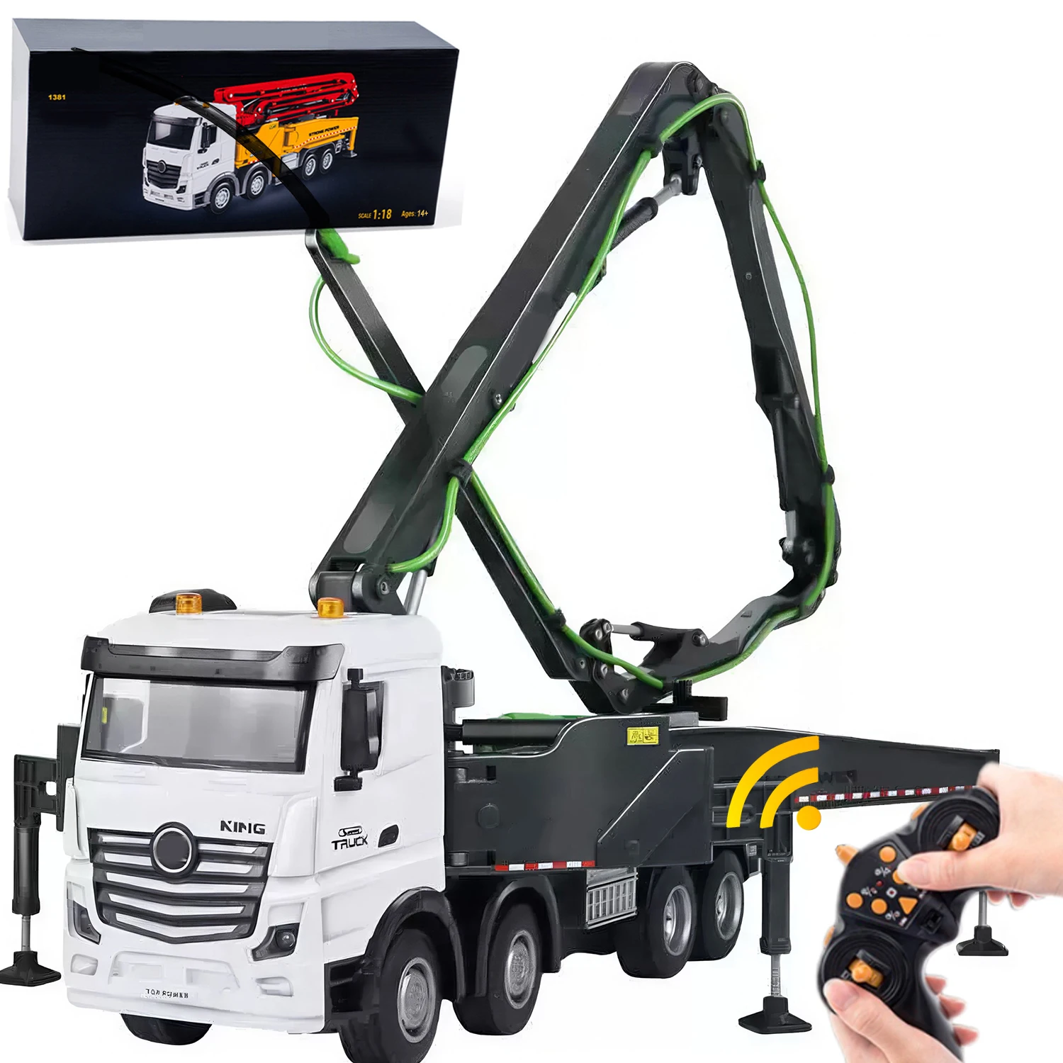 1381 18.9 Inches 11 Channel Remote Control Cement Pump Truck 1/18 Scale 2.4Ghz RC Concrete Construction Vehicle with Water Pump