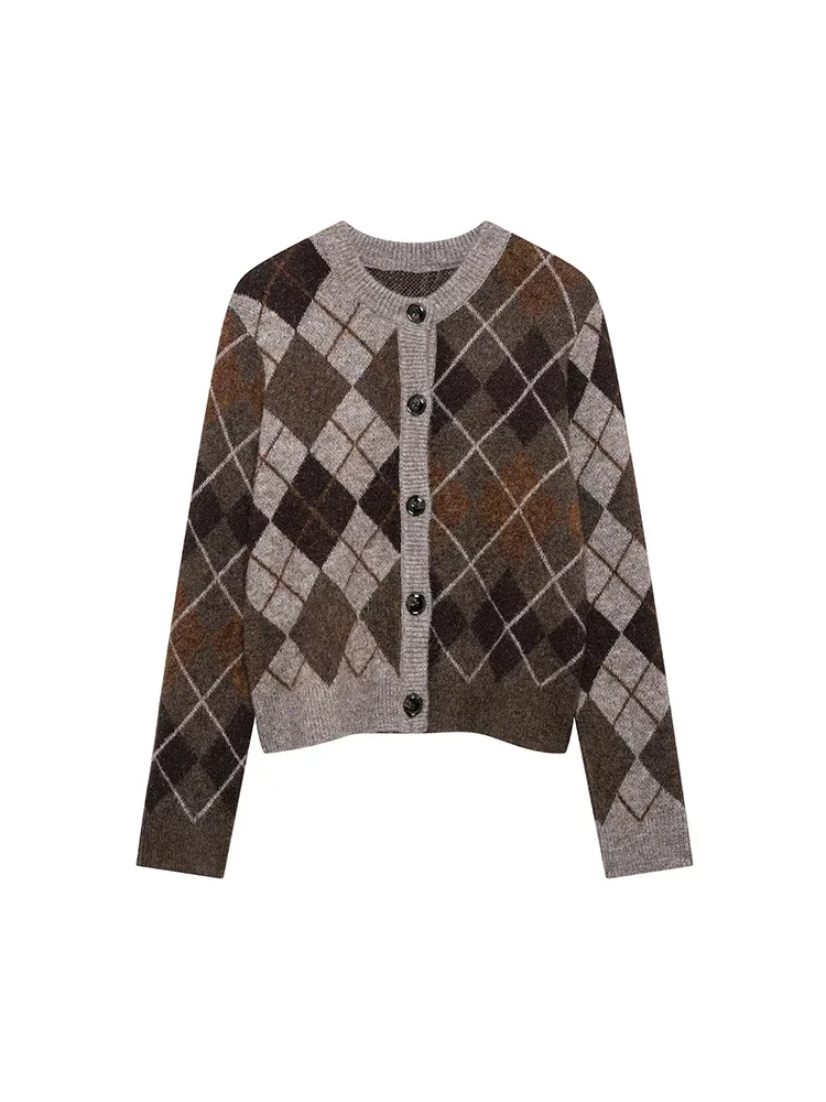 

Willshela Women Fashion Argyle Plaid Single Breasted Knitted Sweater Vintage O-Neck Long Sleeves Female Chic Lady Outfits