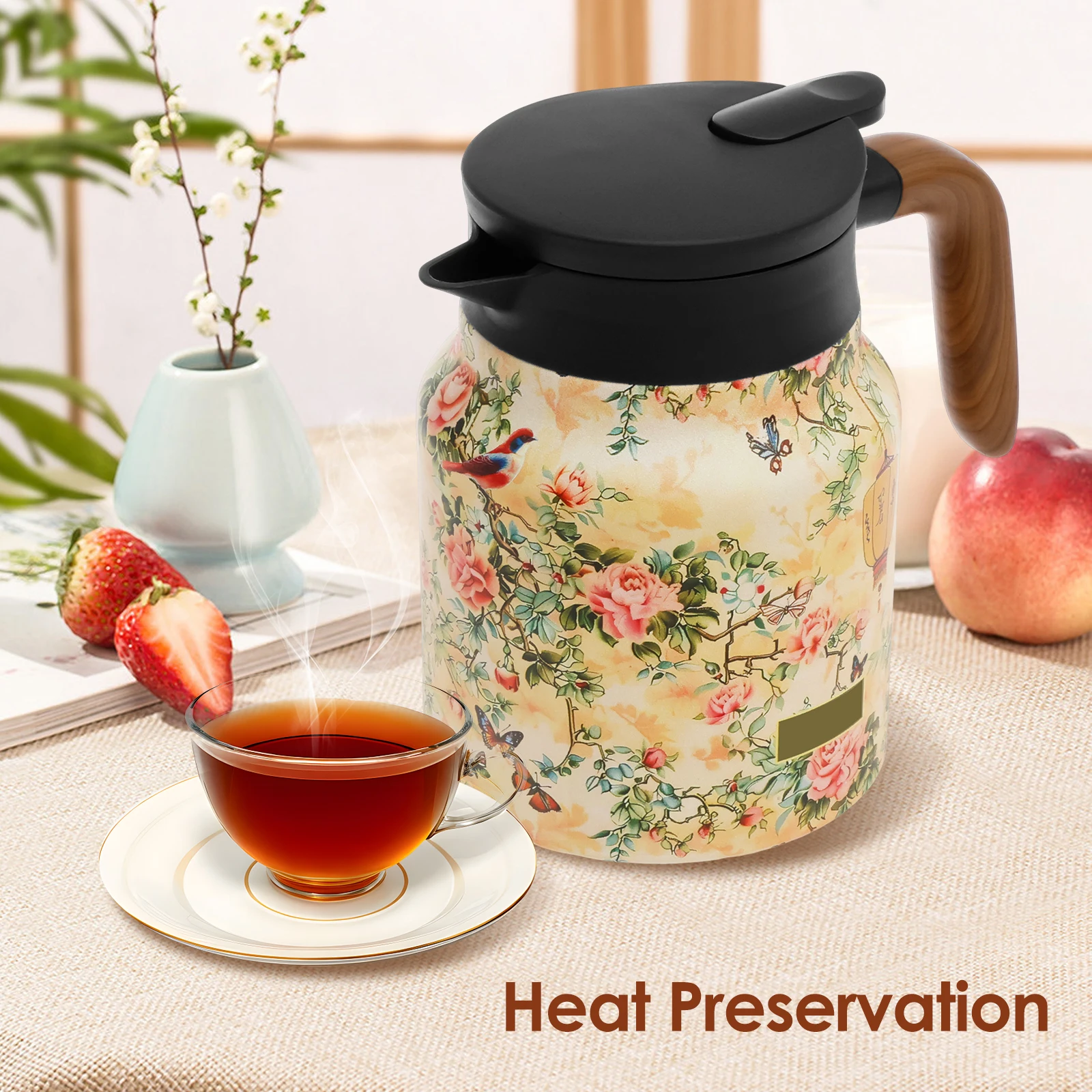 

Thermal Tea Pot with Handle Built in Infuser Stainless Steel Insulated Tea Kettle Flower Pattern Insulated Infuser Pot for Home