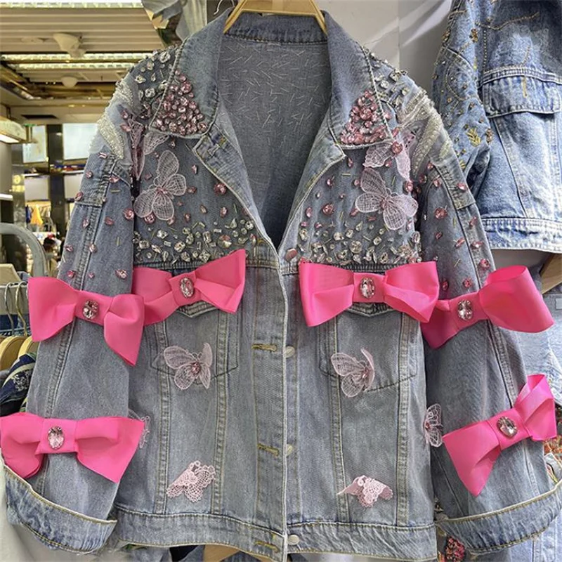 

New design embroidery bow diamond beaded fashion loose denim jacket women casual coat