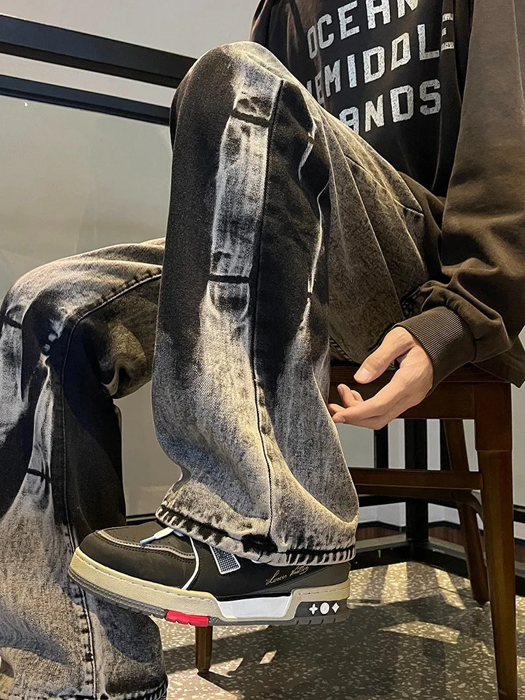 アメリカンレトロタイダイジーンズメンズスリムルーズストレートカジュアルパンツストリートスレハオメスモールエンスフレアナイフパンツ