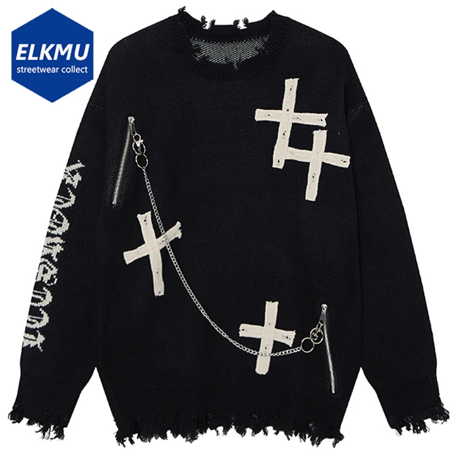 

Gothic Punk Sweaters Cross Splicing Distressed Oversized Sweaters Streetwear Harajuku Hip Hop Sweaters with Chain Y2K Jumper