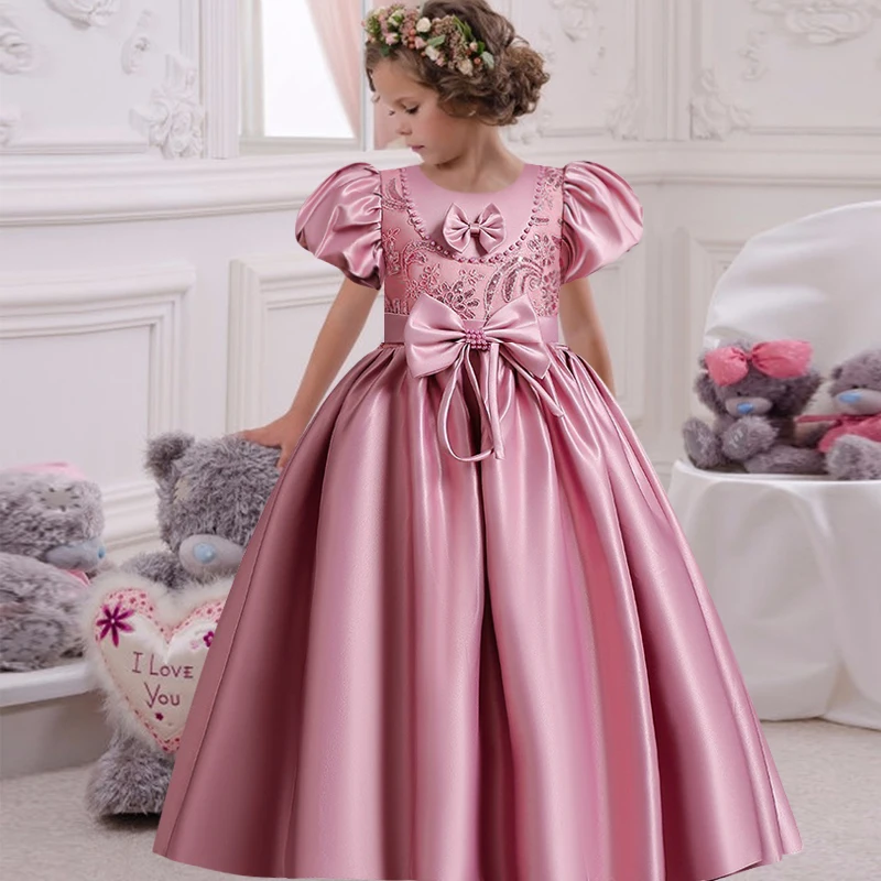 3-10T Girls\' Wedding Beaded Bubble Sleeve Spinning Satin Solid Long Dress New Princess Formal Eucharist Prom Party Evening Dress